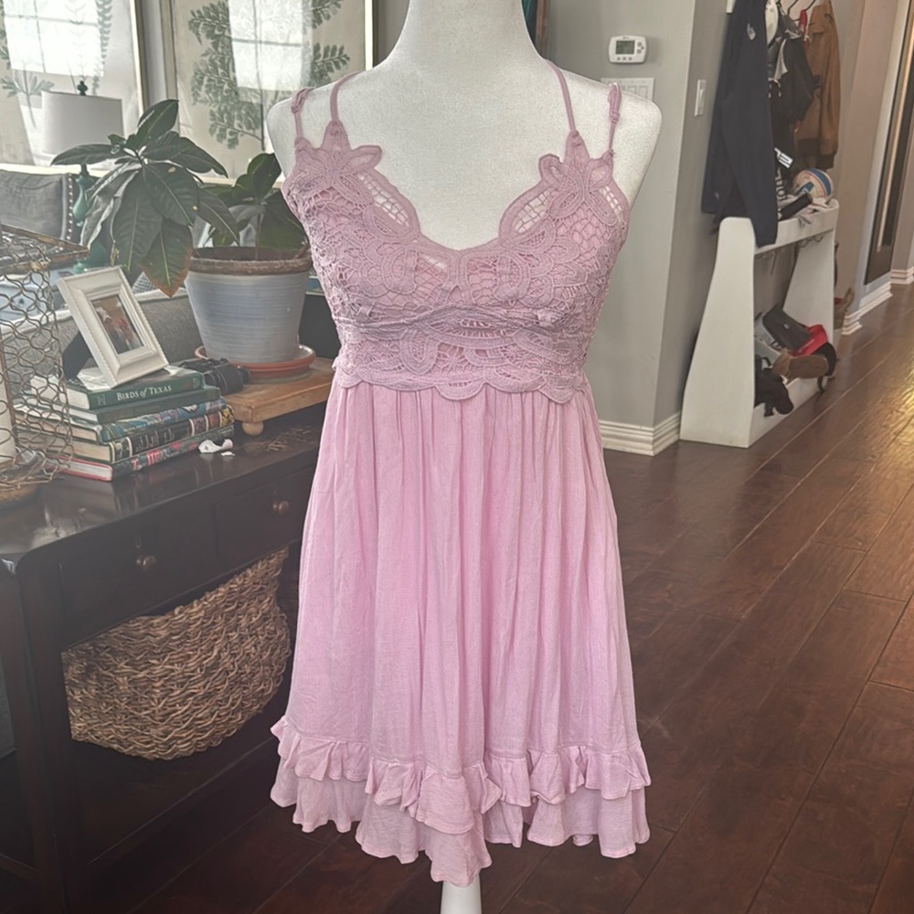 Elegant Lace Trim Pink/Orchid Dress